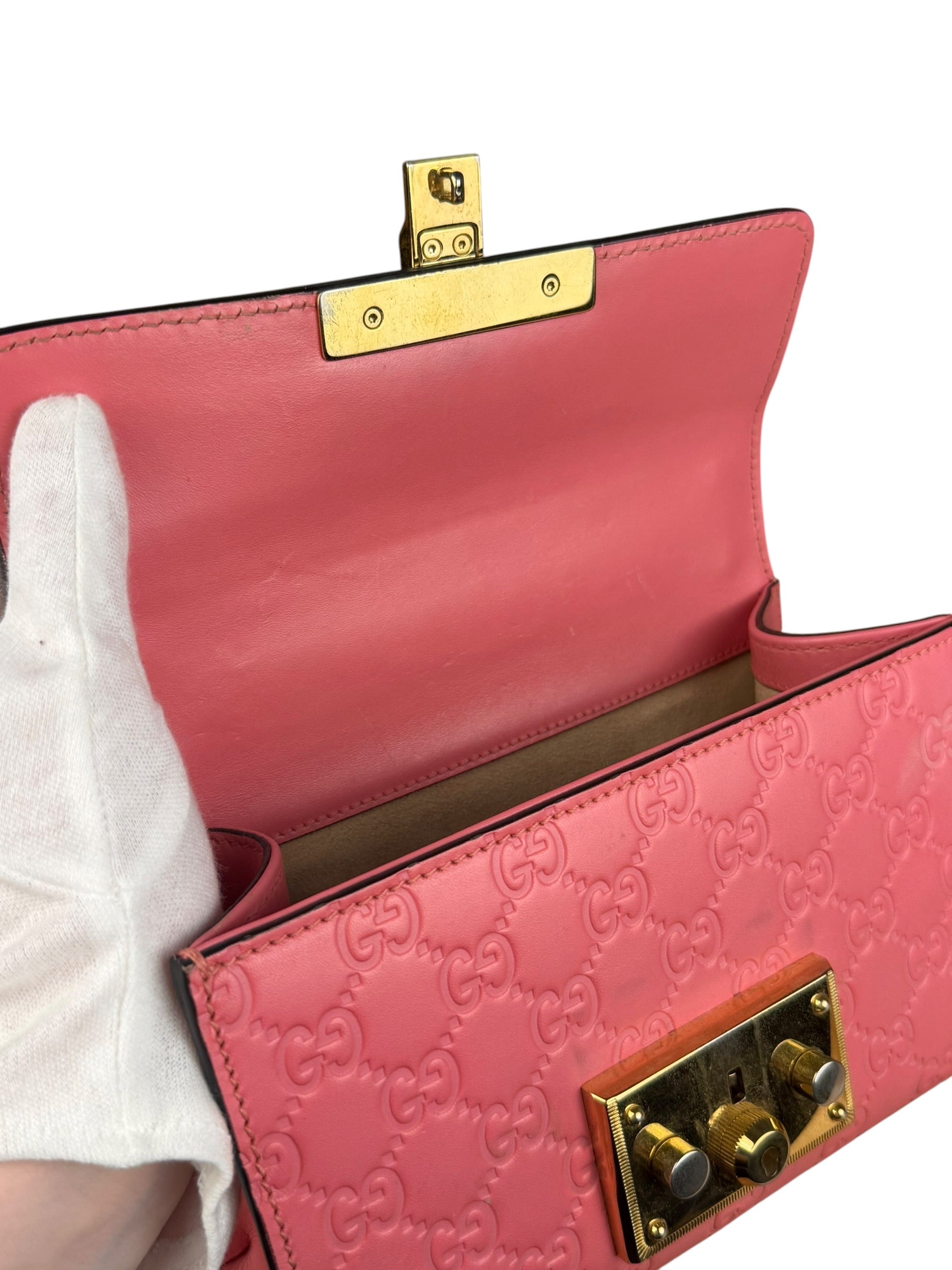 Gucci GG Pink Embossed Leather Small Padlock Chain Bag