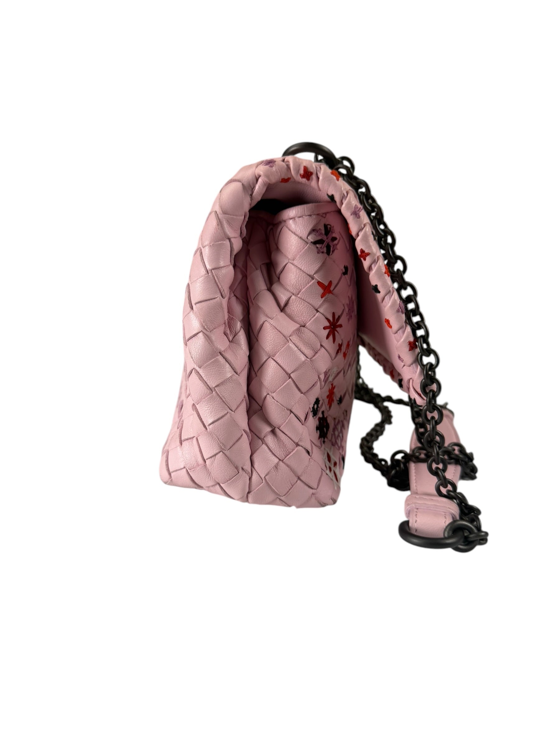 Bottega Veneta Baby Pink Leather Intrecciato Embroidered Flap Bag
