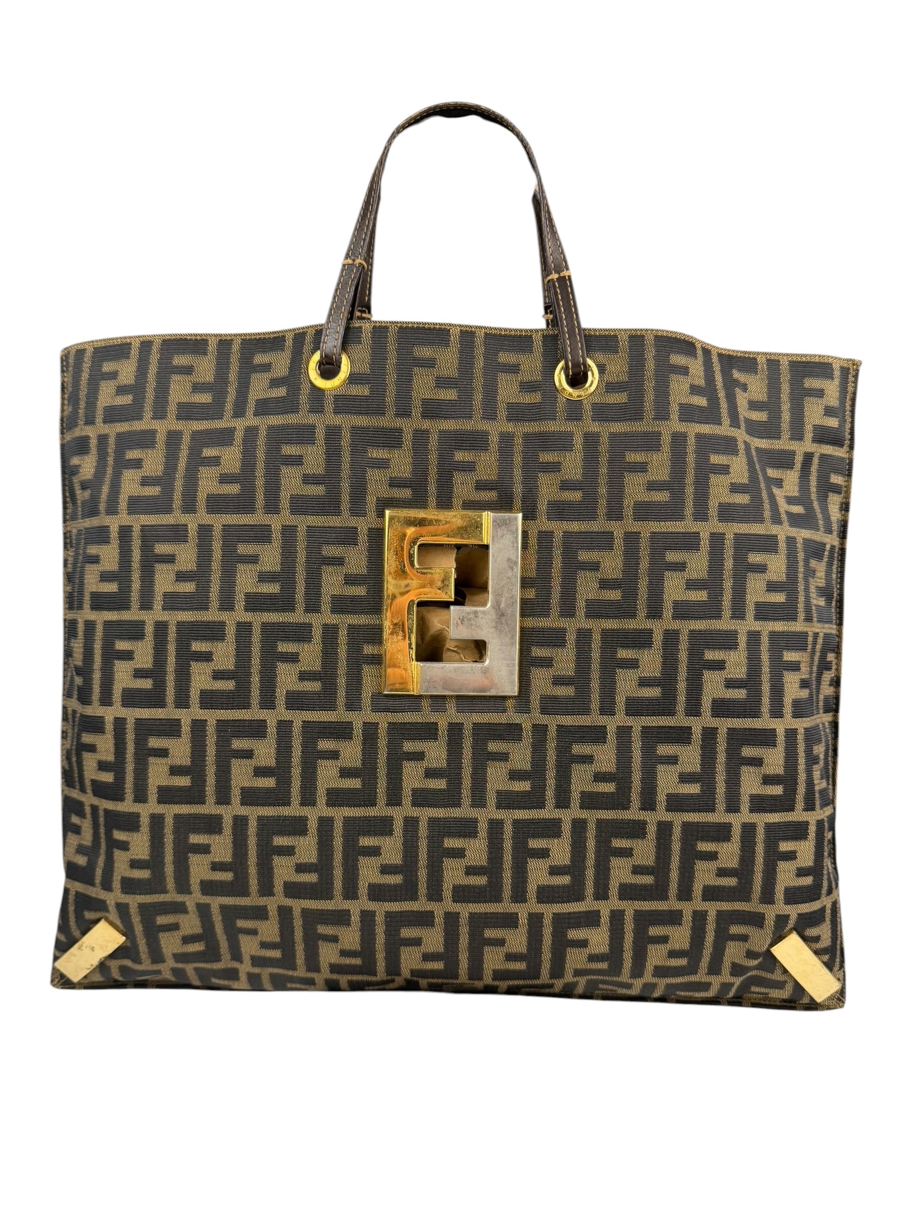 Fendi Brown Leather Trim Canvas  Zucca Tote Bag