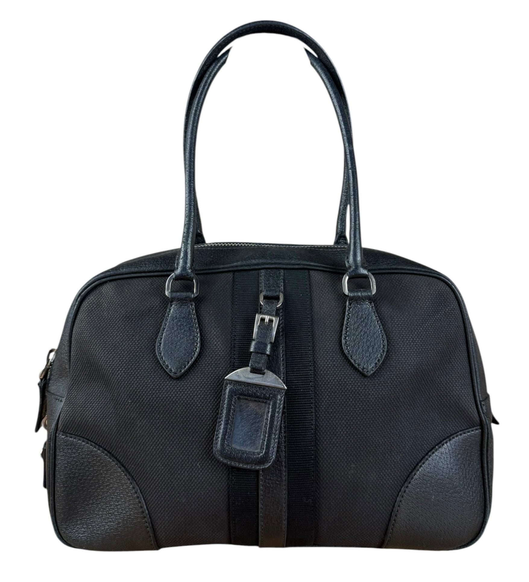 Prada Vintage Black Canvas Leather Trim Bowler Shoulder Bag