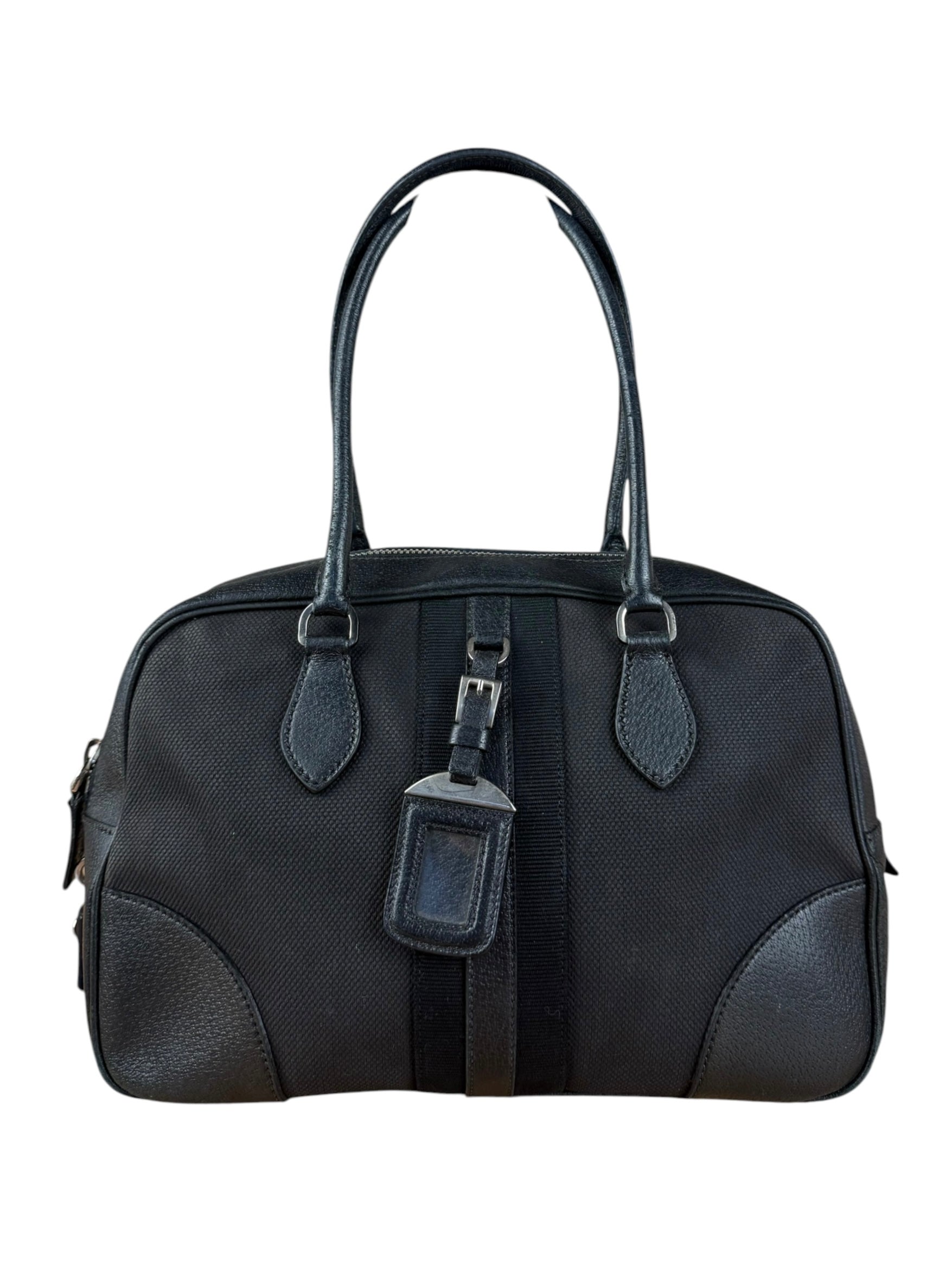 Prada Vintage Black Canvas Leather Trim Bowler Shoulder Bag