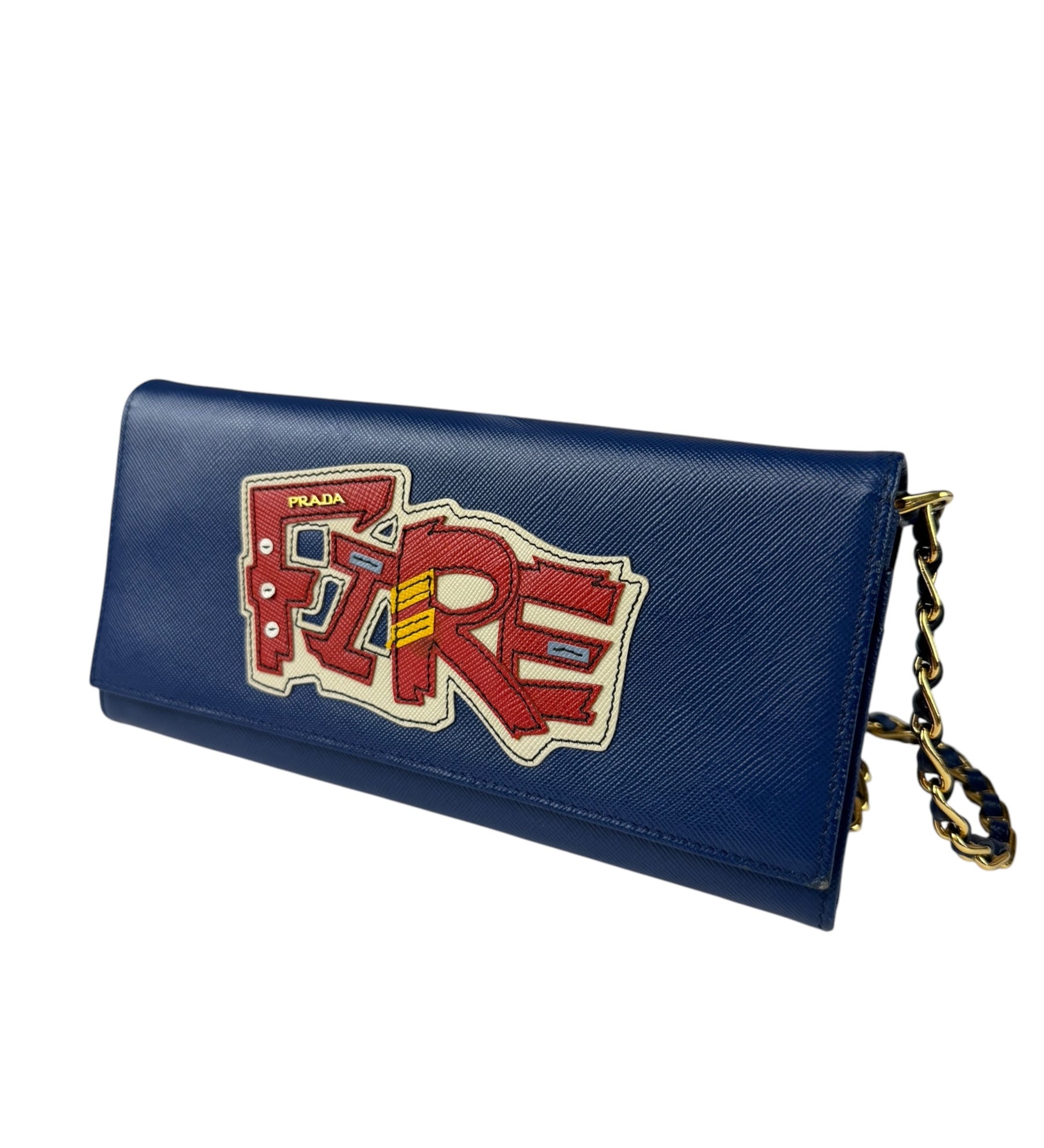 Prada Blue Saffiano Leather Fire Flap Wallet On Chain