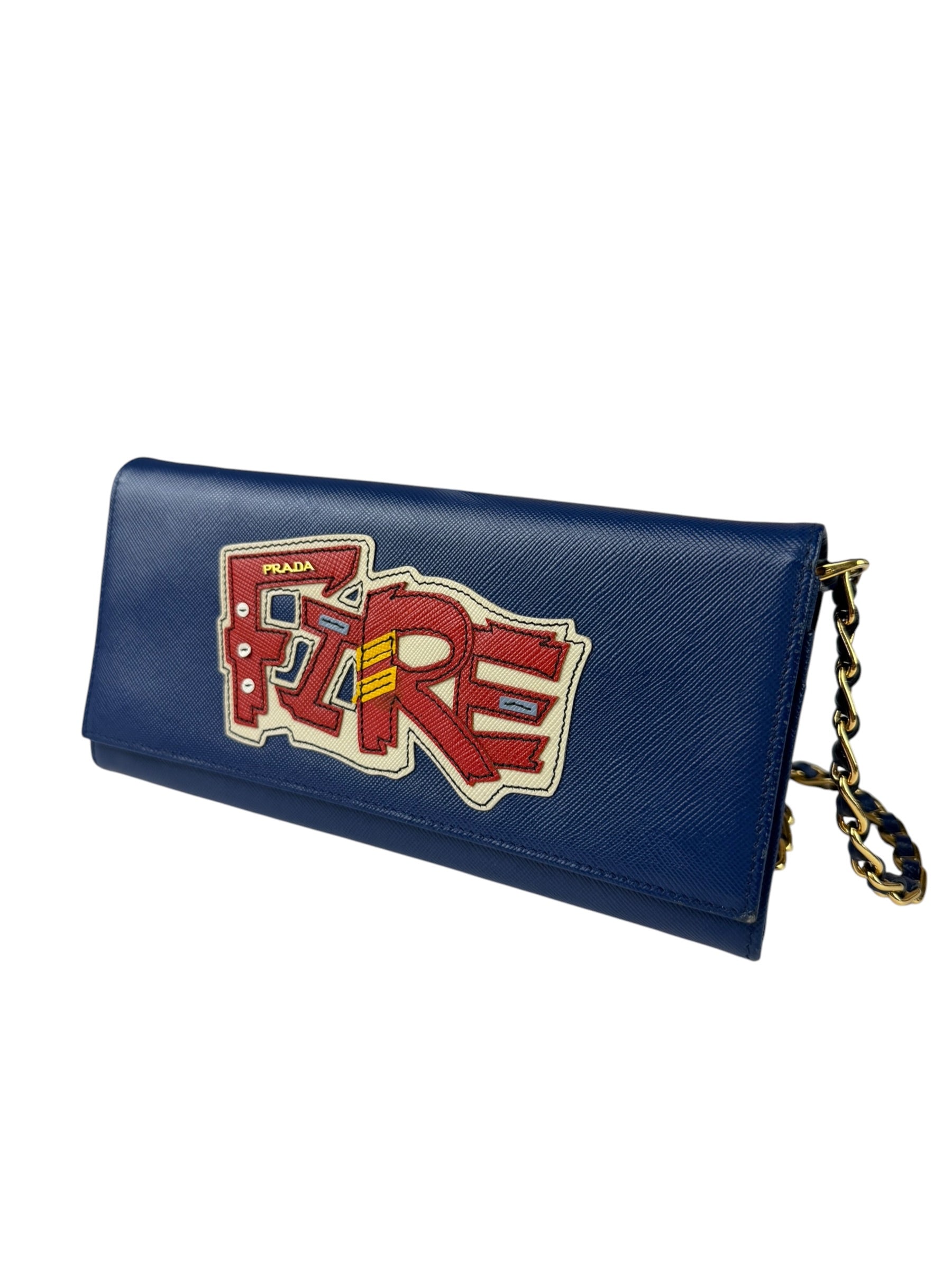 Prada Blue Saffiano Leather Fire Flap Wallet On Chain