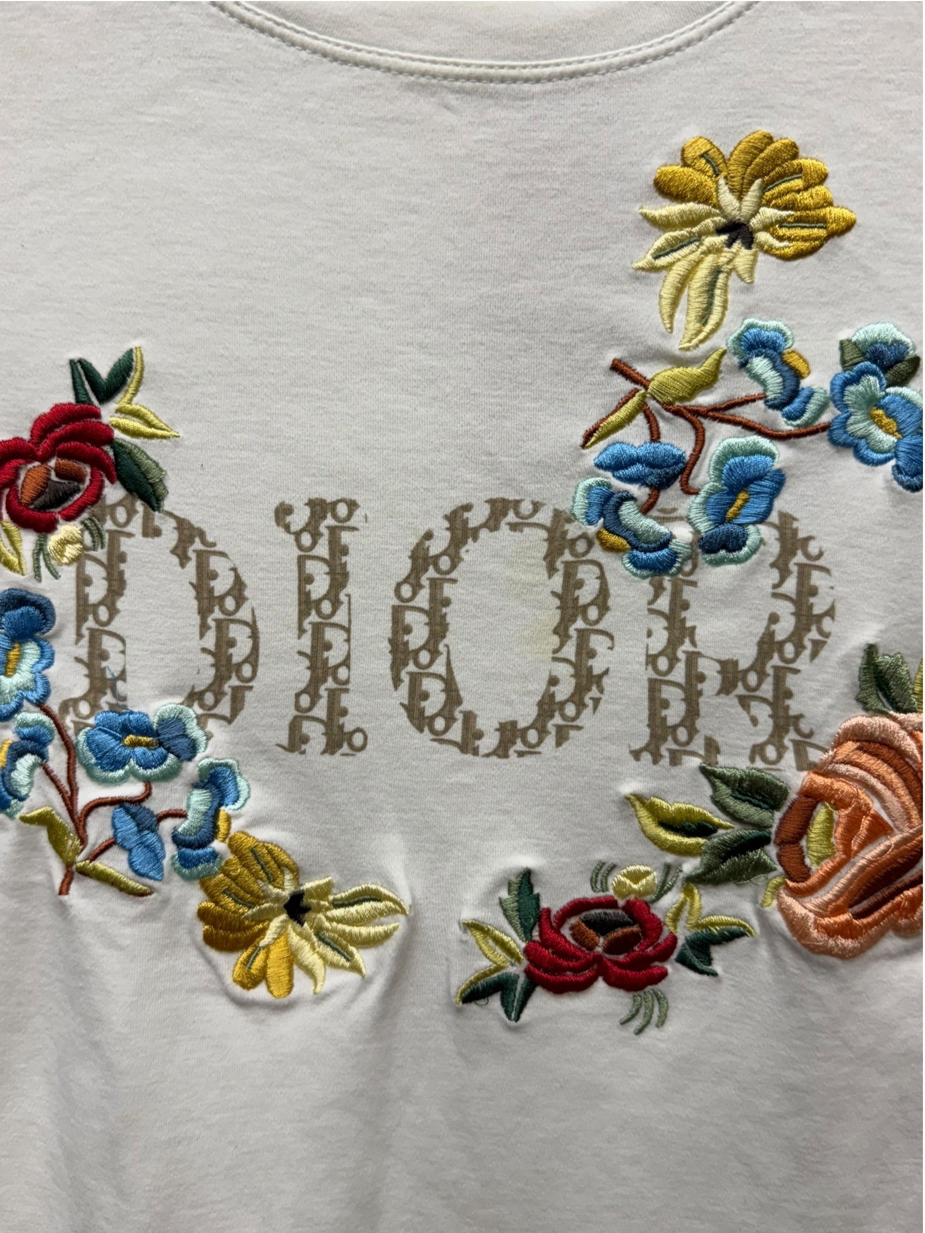 Christian Dior White Floral Embroidered Trotter Logo Short Sleeve T-Shirt