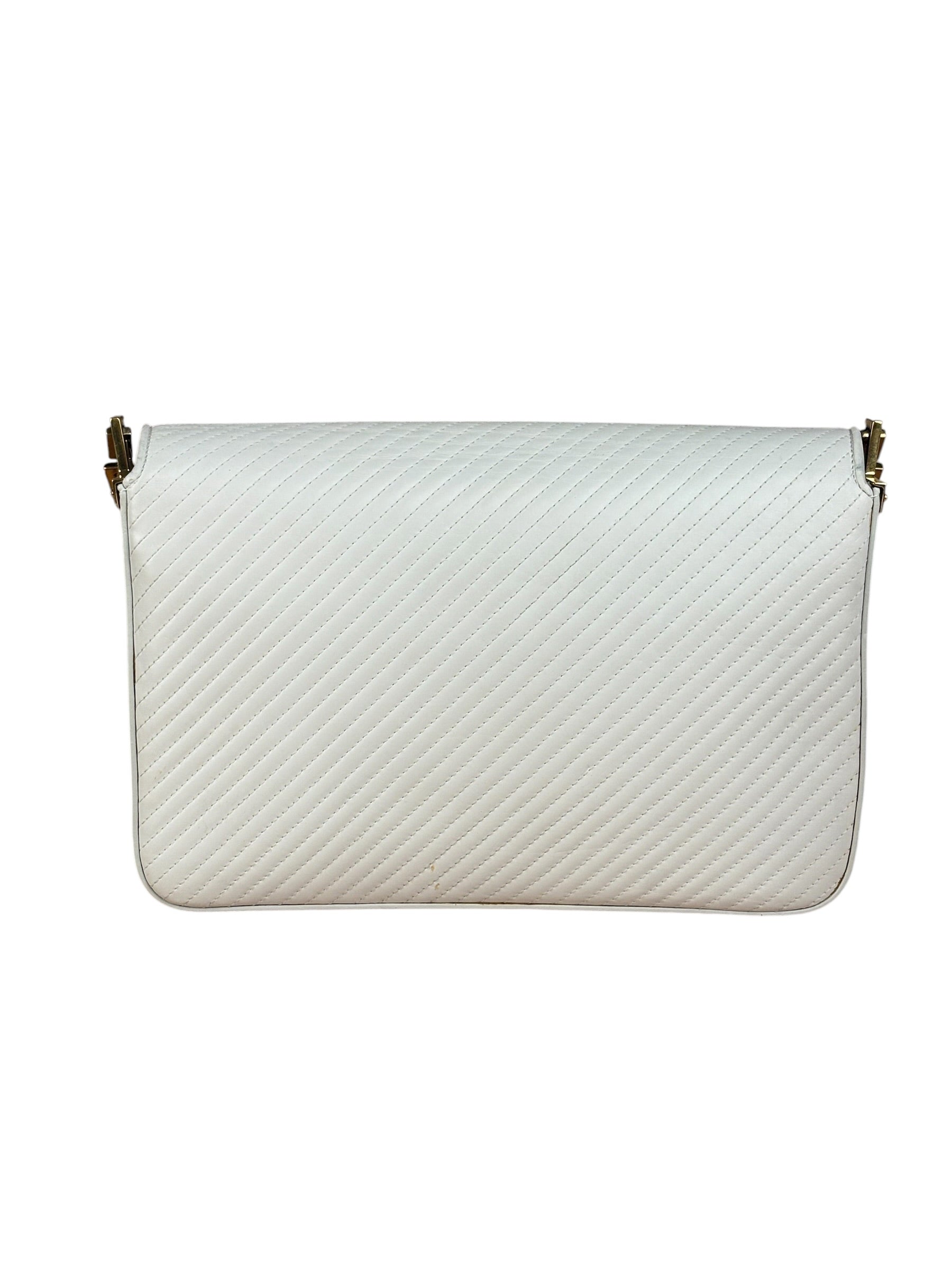 YSL White Chevron Quilted Babylone Chain Flap Shoulder Bag