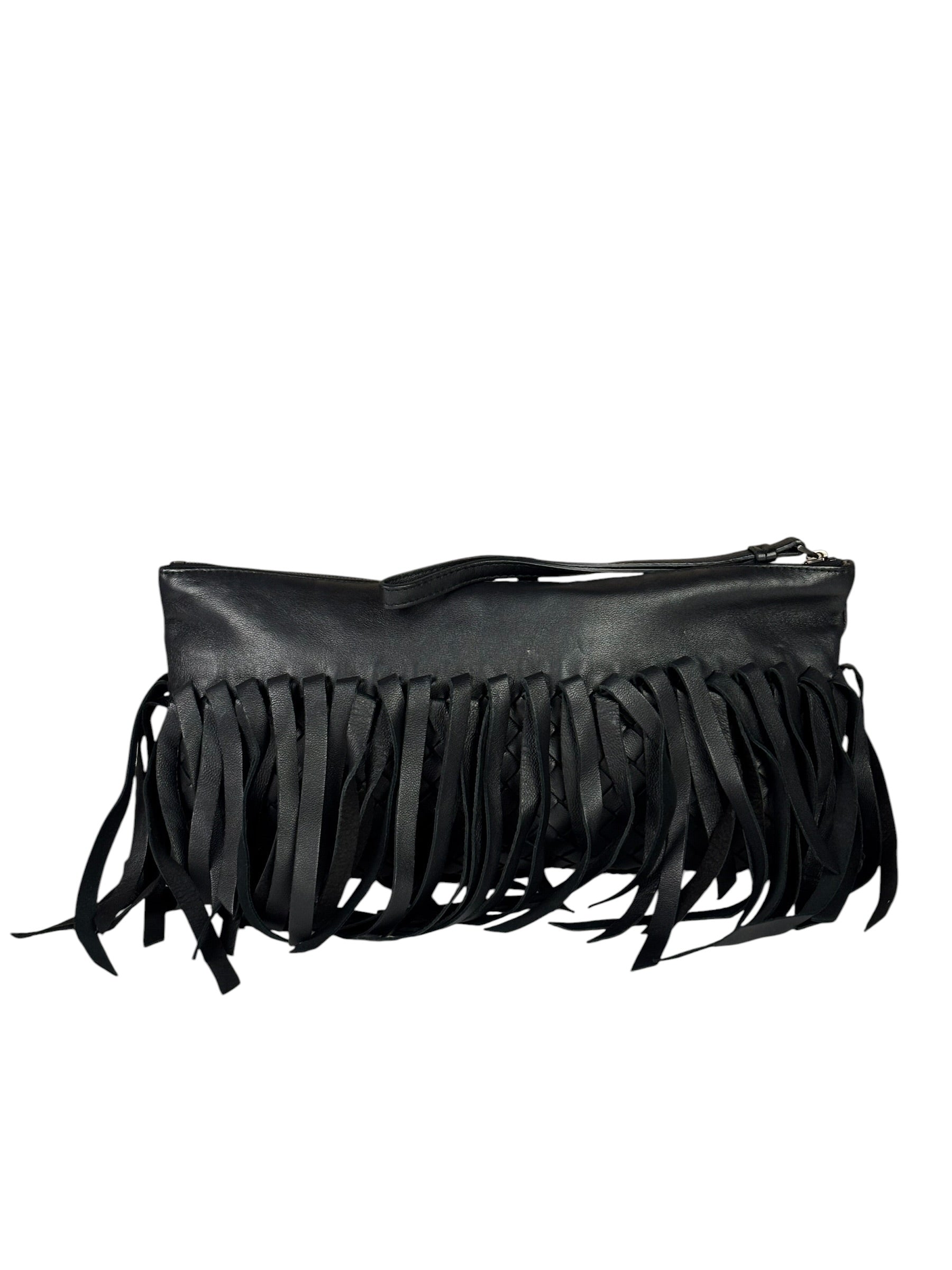 Bottega Veneta Black Leather Intercciato Woven Fringe Wristlet