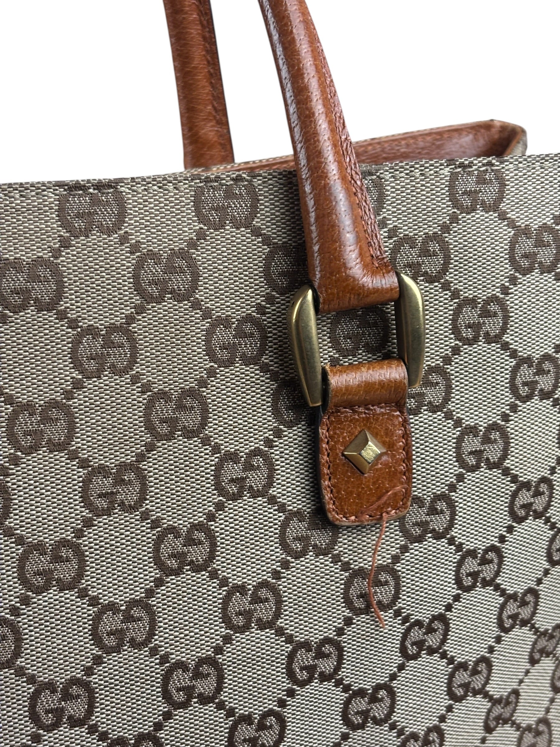 Gucci GG Brown Leather Trim Canvas Monogram Tote Bag