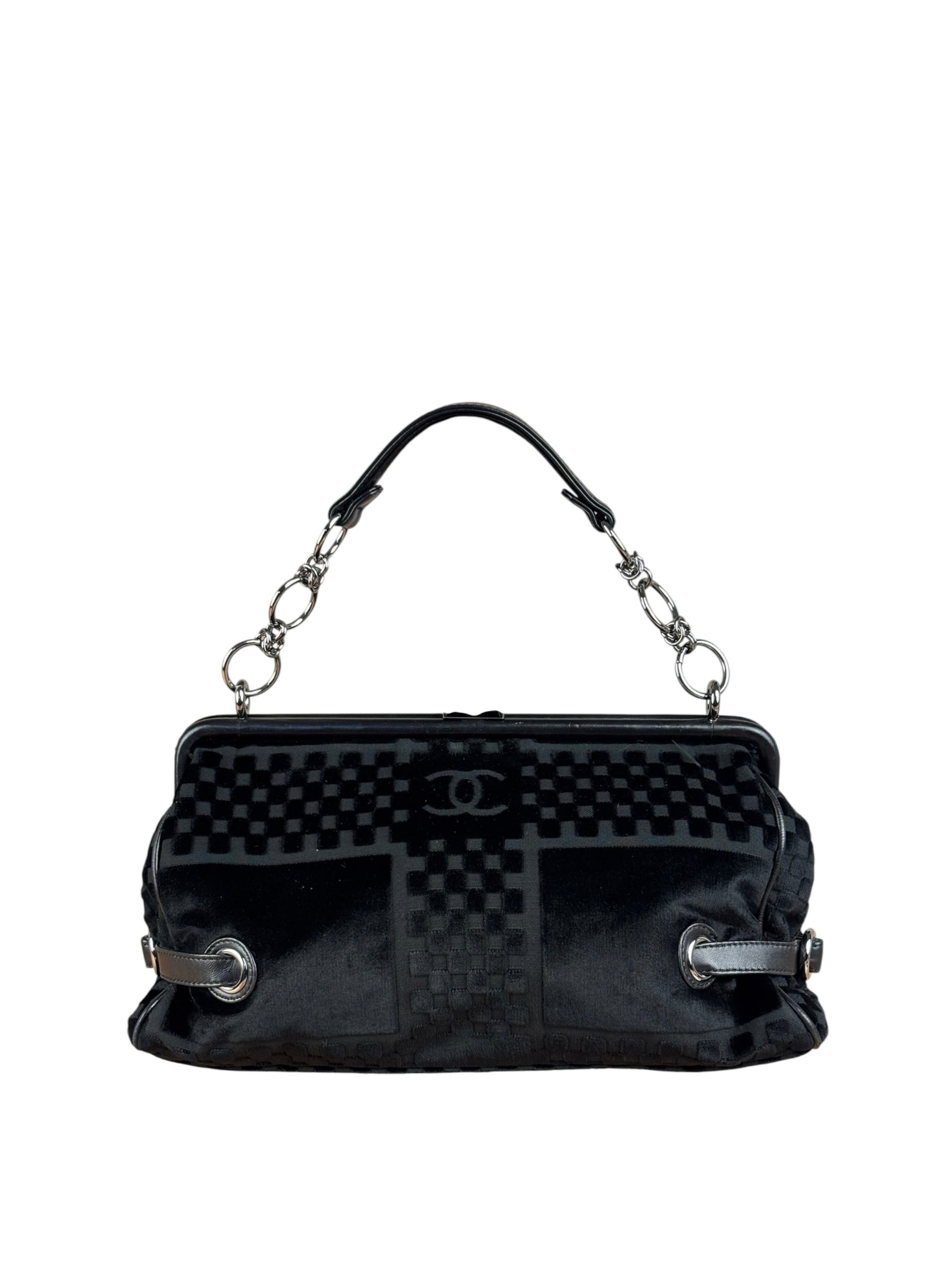 Chanel Black Velvet Leather Trim Kiss-Lock Two-Way Bag 2006