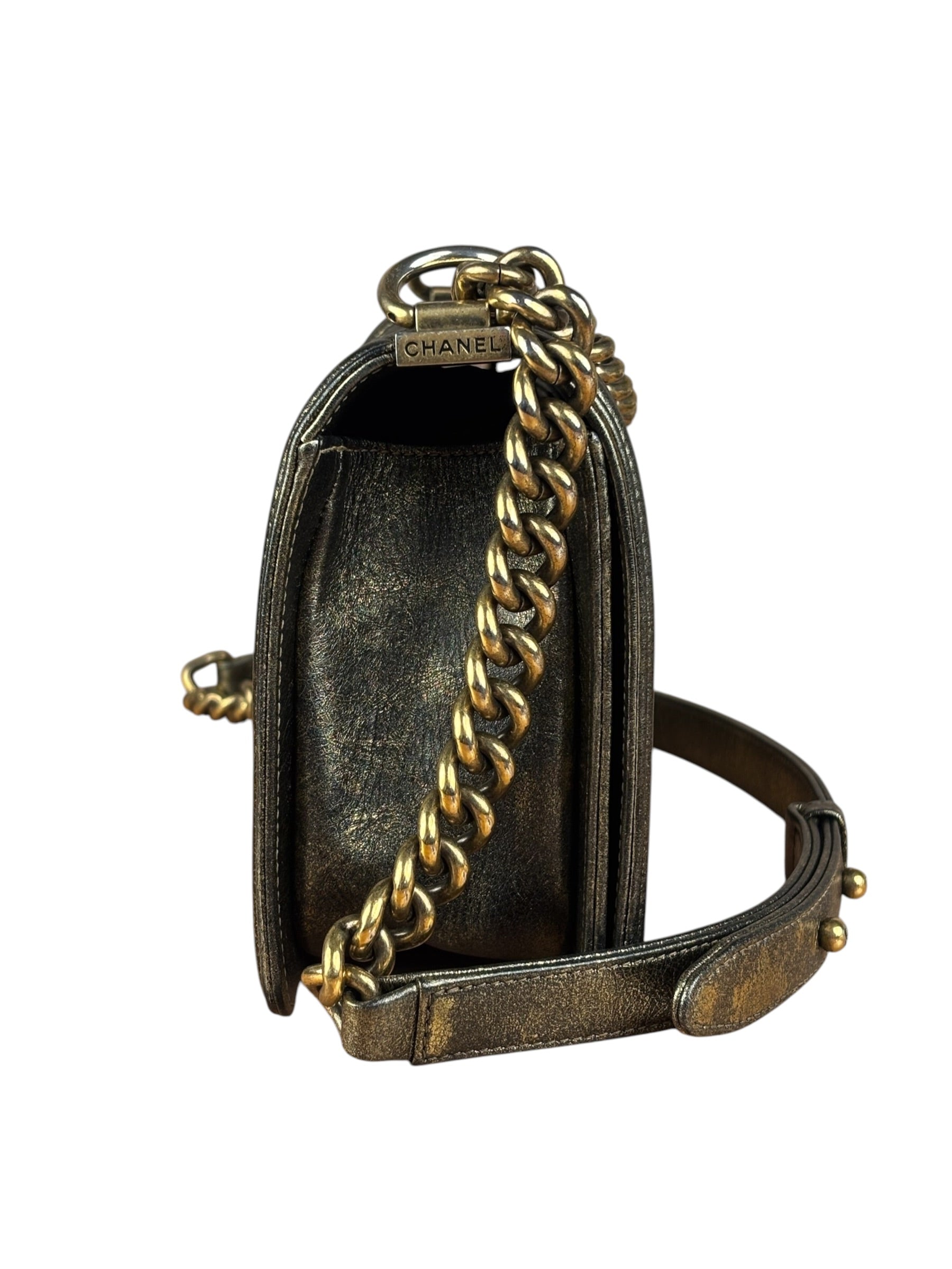 Chanel Metallic Dark Bronze Leather Old Medium Boy Flap Shoulder Bag