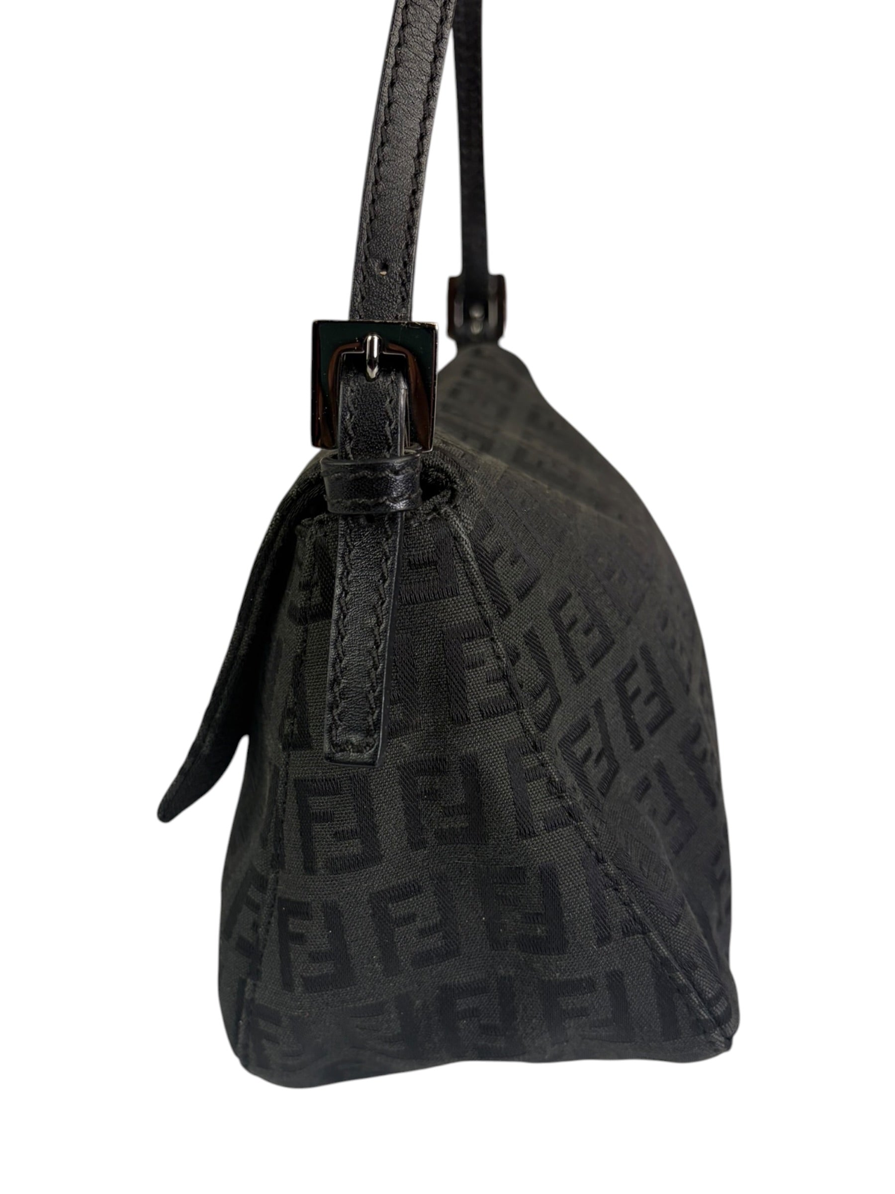 Fendi Black Leather Trim Zucca Baguette