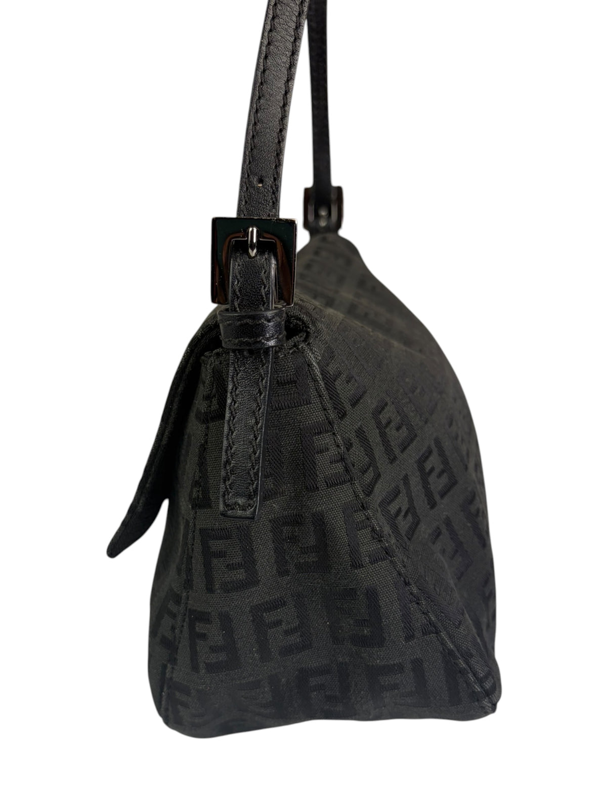 Fendi Black Leather Trim Zucca Baguette