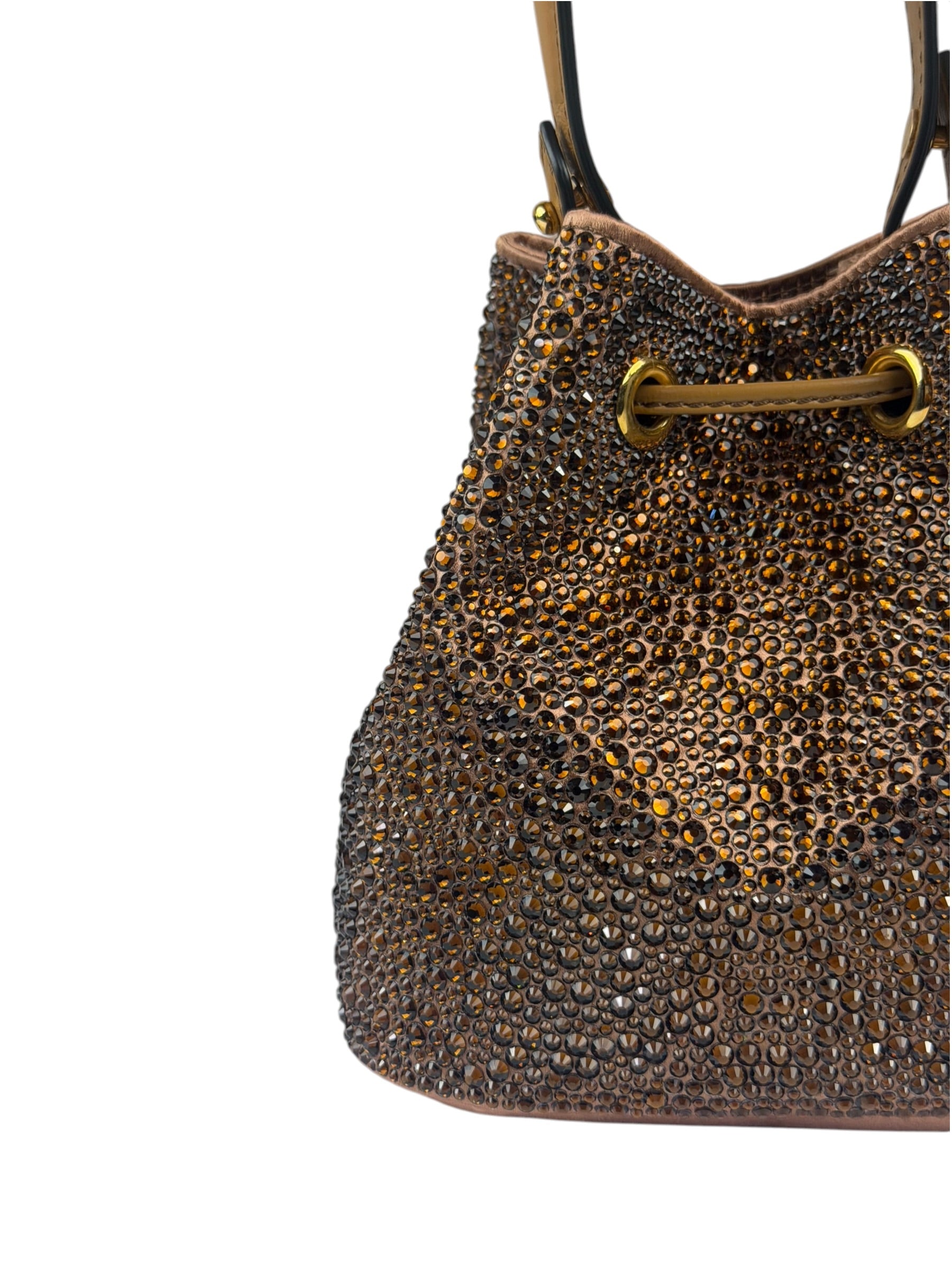 Versace La Medusa Brown Satin Crystal Embellished Mini Bucket Bag