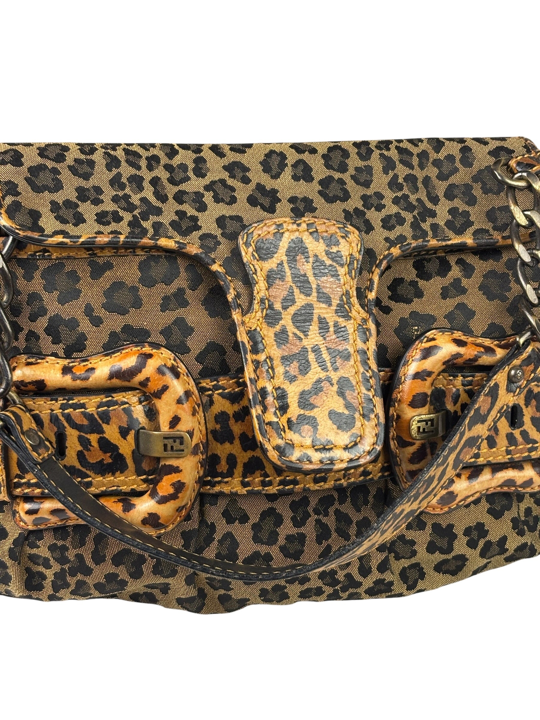 Fendi Brown Leather Trim Leopard Print Buckle Bag