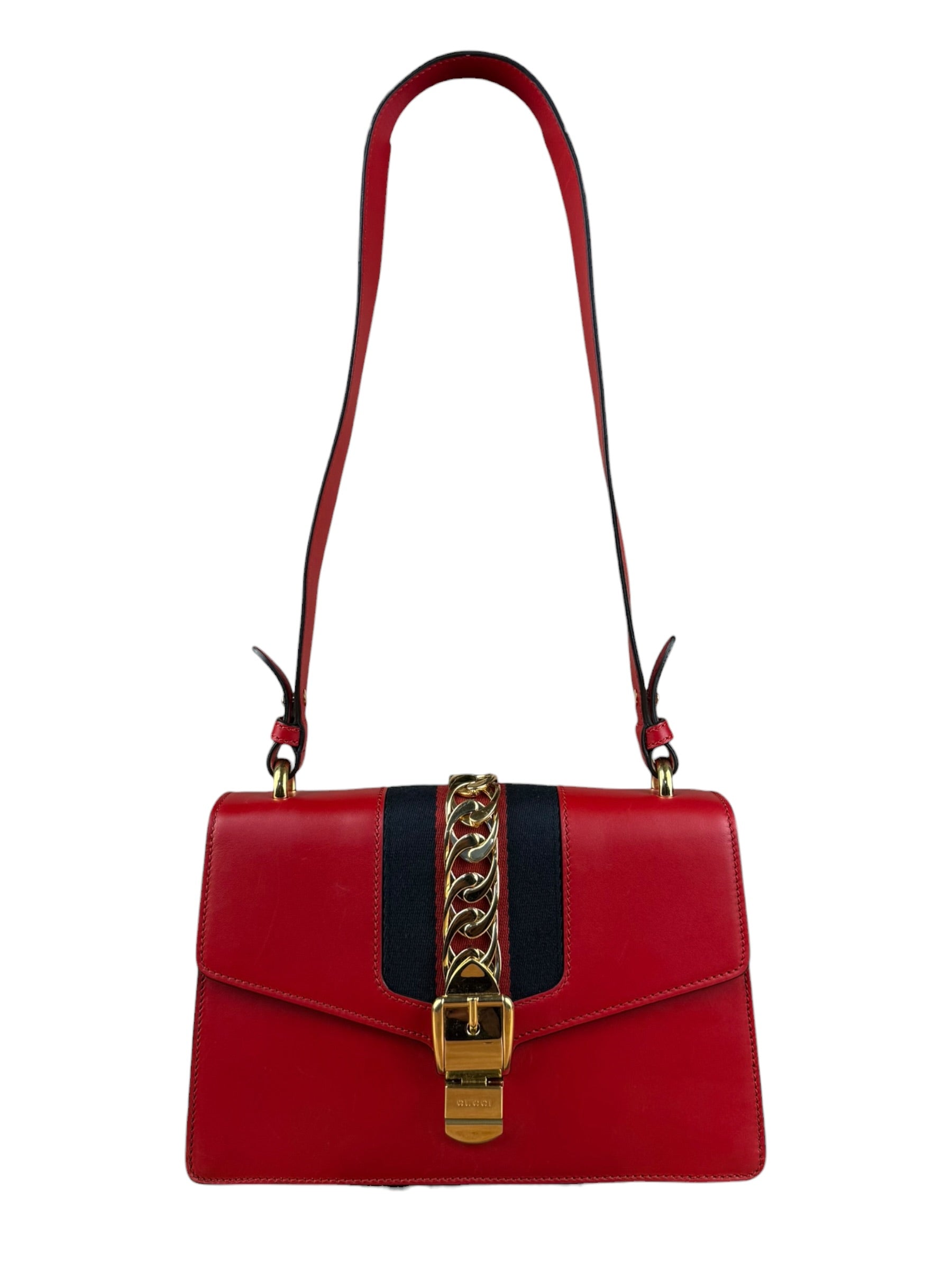 Gucci Red Leather Sylvie Buckle Shoulder Bag