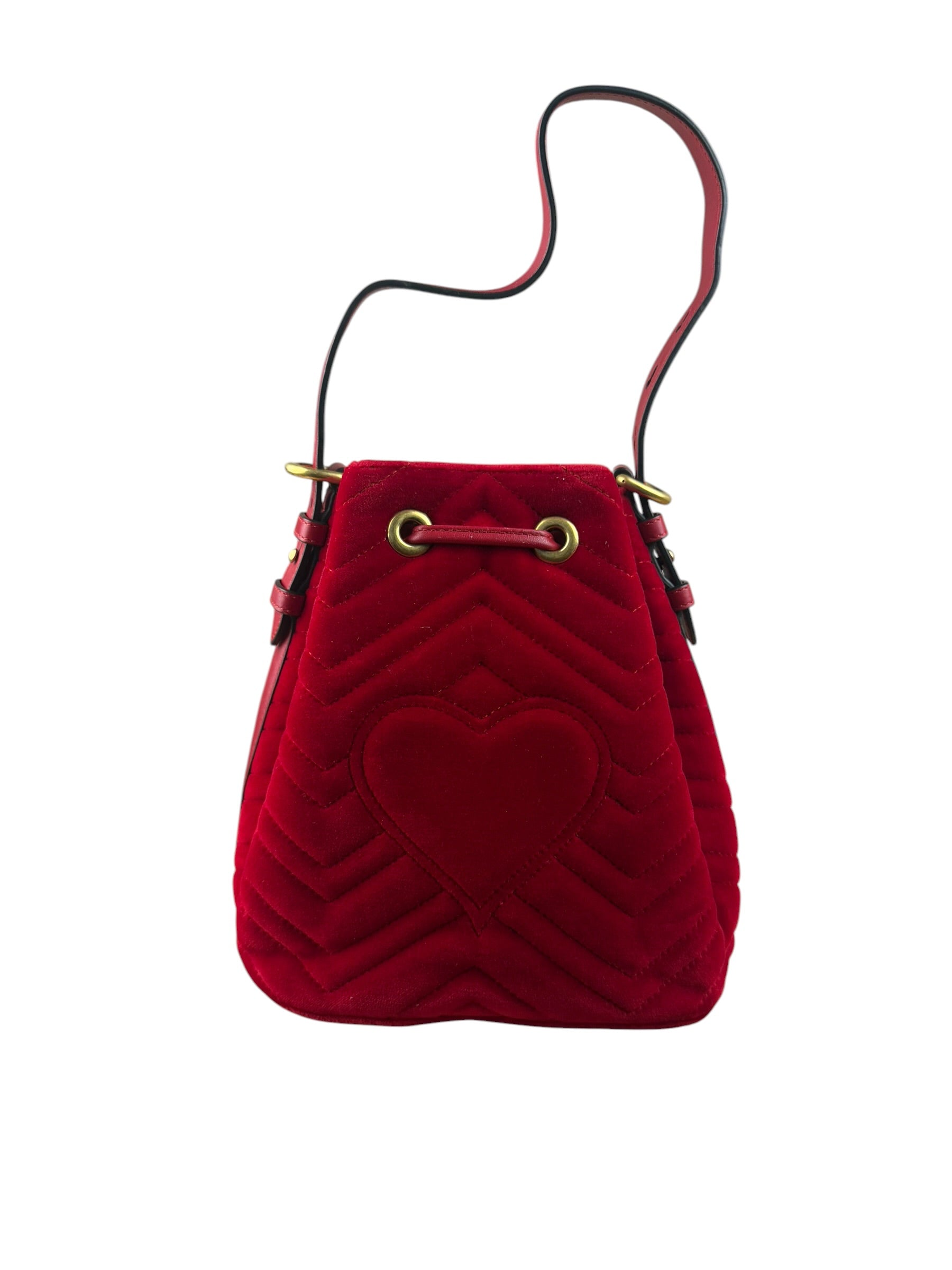 Gucci Red Velvet Leather Trim Marmont Matelasse Bucket Bag