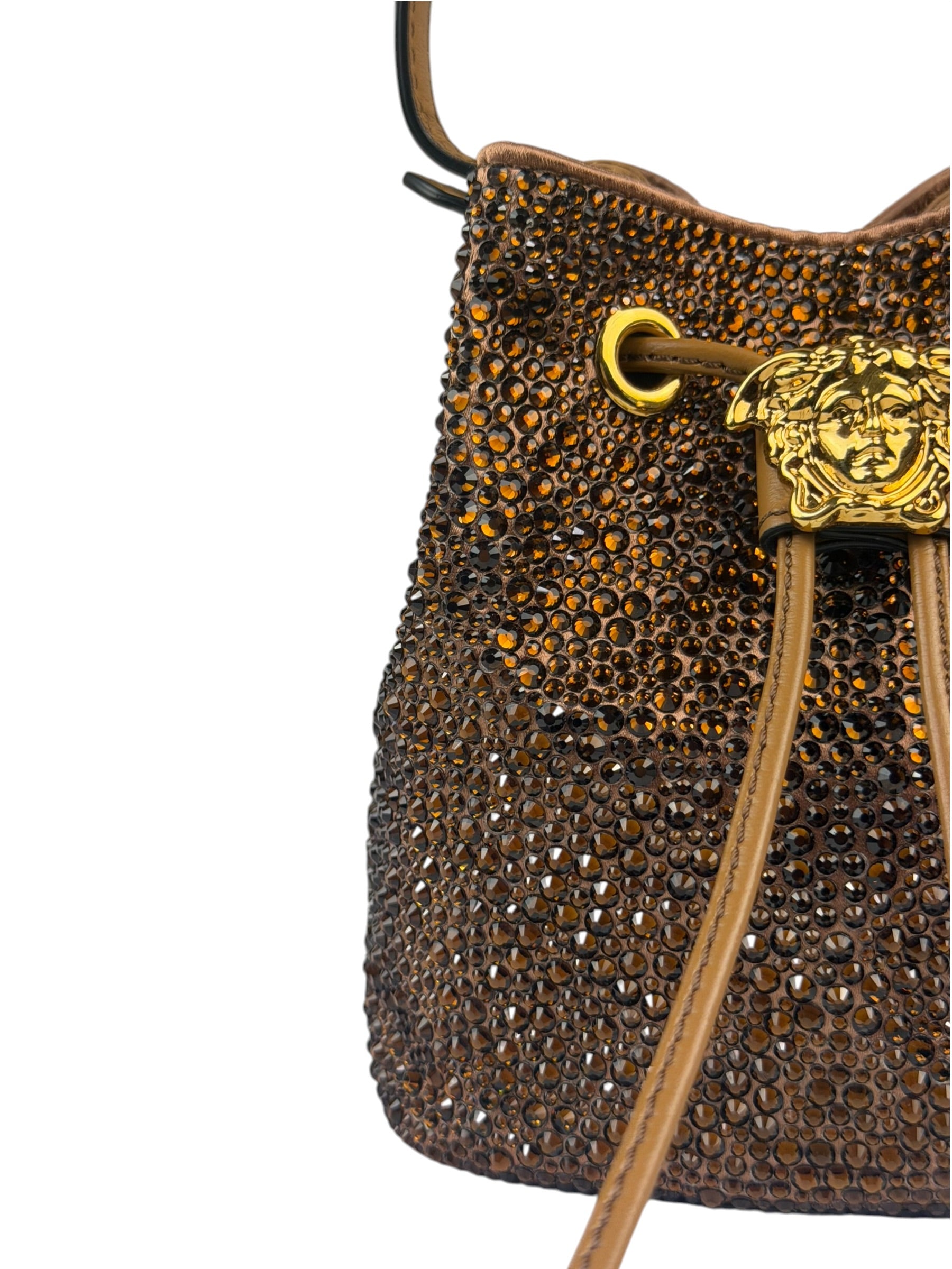Versace La Medusa Brown Satin Crystal Embellished Mini Bucket Bag