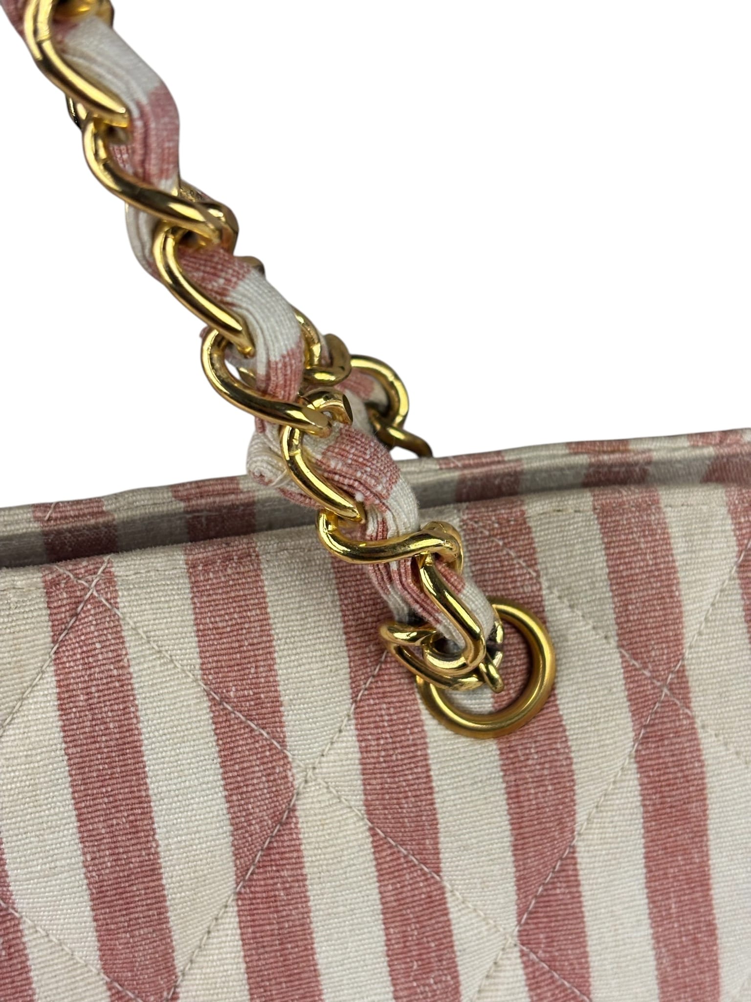 Chanel Vintage Pink/Cream Denim Maxi Stripped Tote 1994