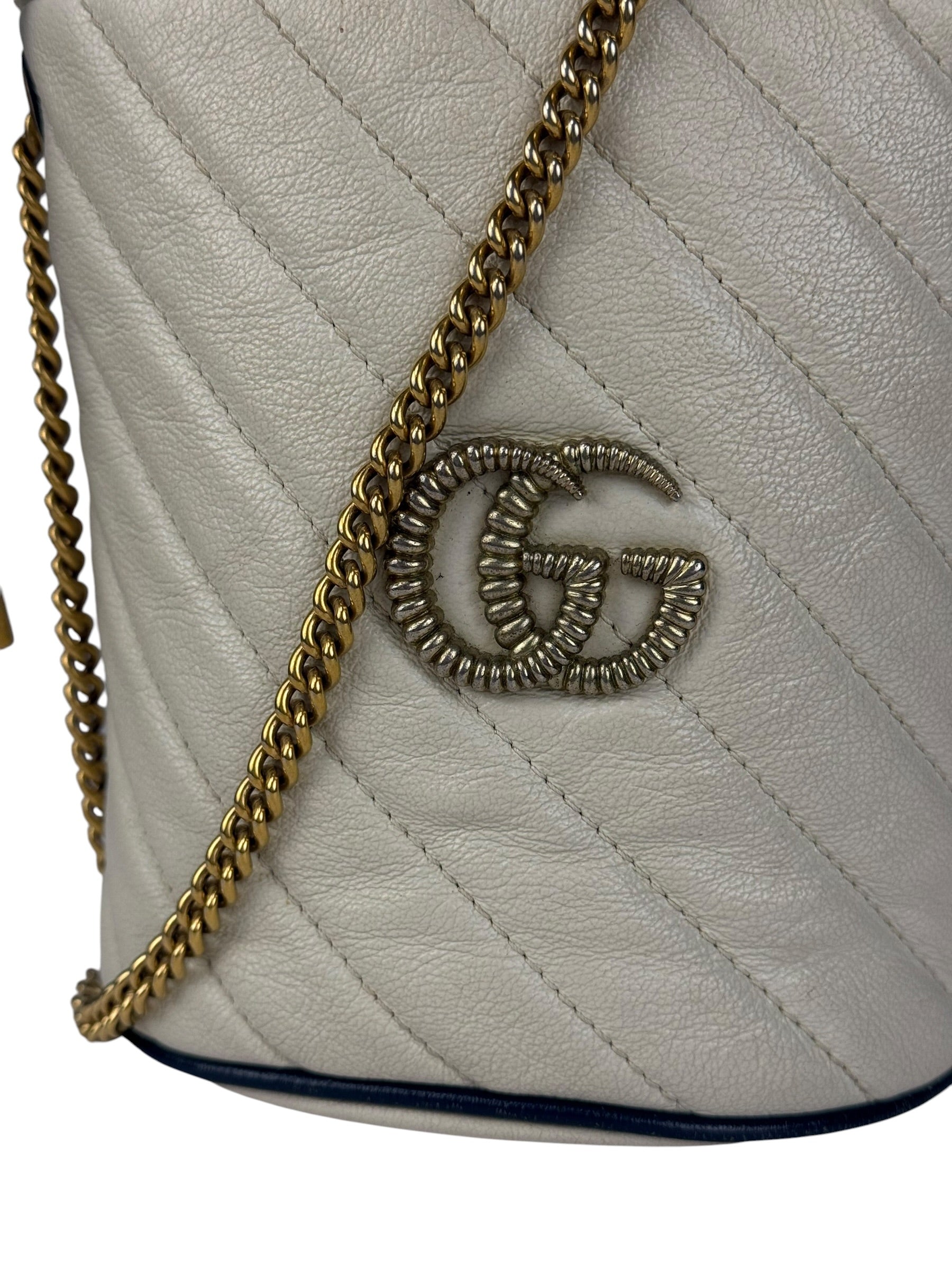 Gucci GG Ivory Leather Marmont Chain Bucket Bag