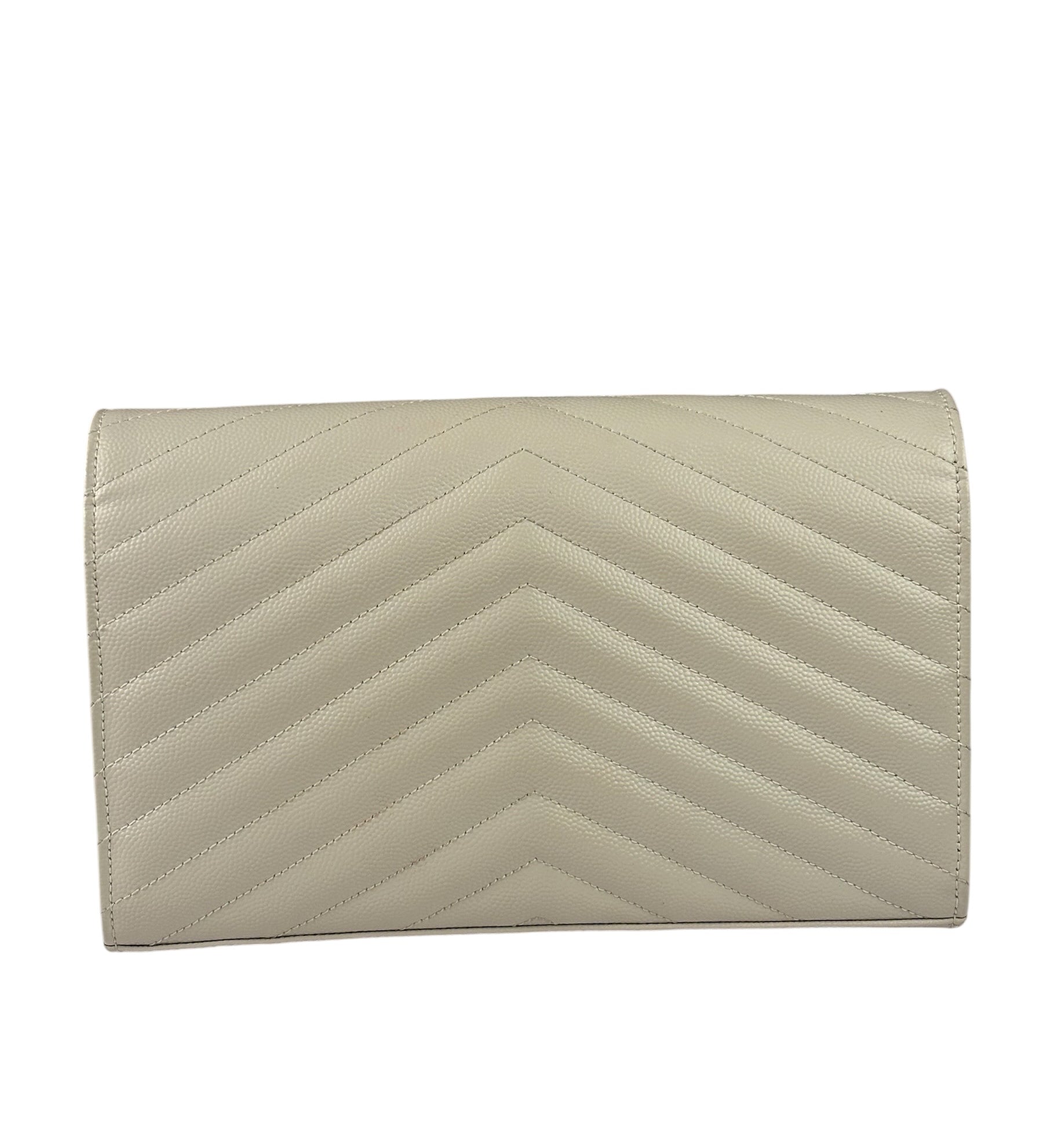 YSL Cream Pebbled Leather Cassandre Envelope Small Wallet On Chain