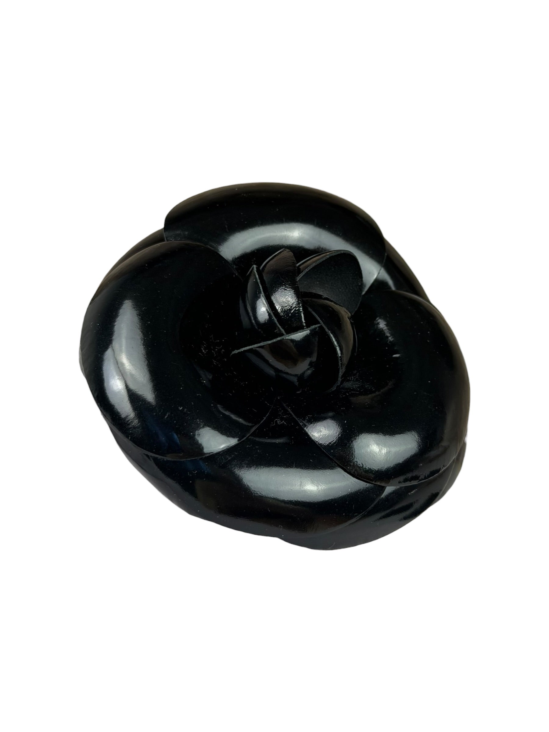 Chanel Vintage Black Leather Camellia Flower Brooch