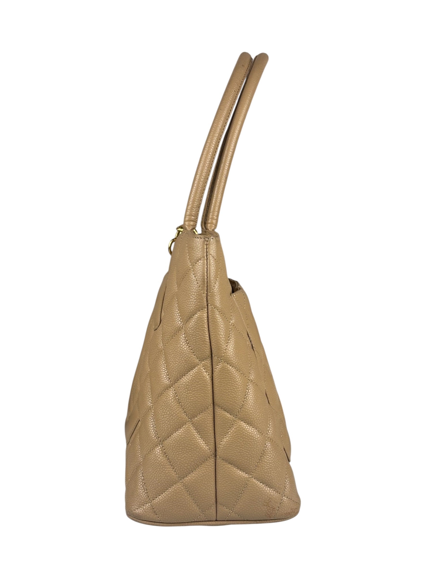 Chanel Vintage Beige Leather Diamond Quilted Medallion Tote Bag 2002