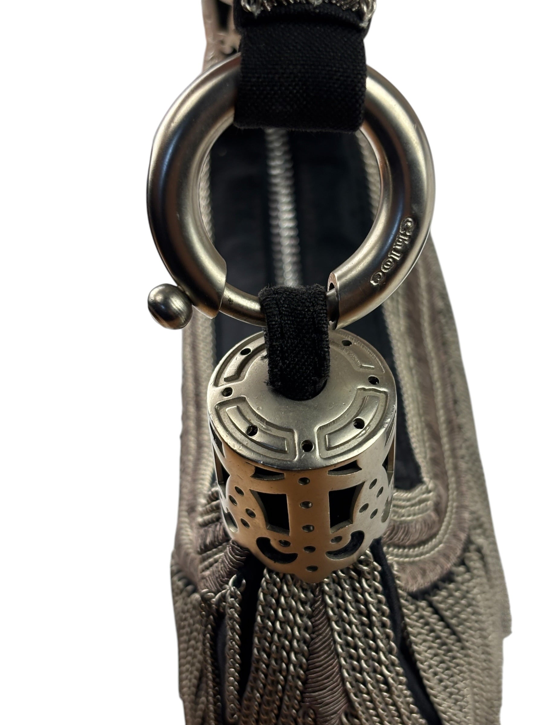Chole Black Nylon Chain-Link Crescent Mini Hobo Bag
