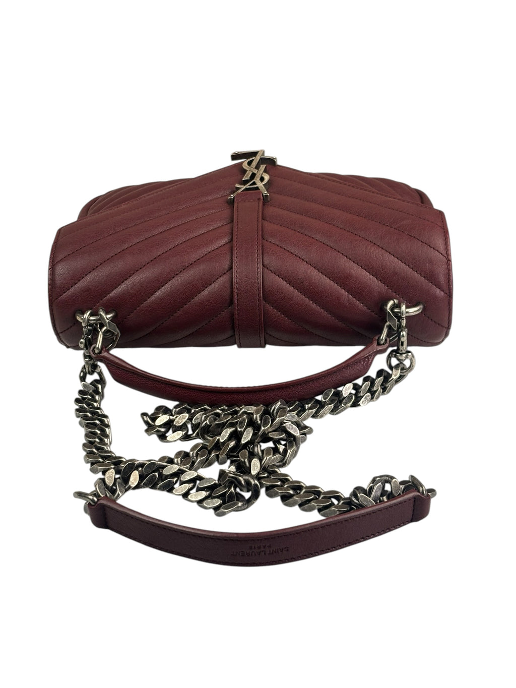 YSL Burgundy Chevron Lambskin Marmont College Two-Way Flap Bag