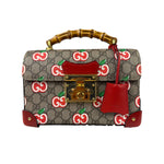 Gucci Red/Beige Leather GG Apple Print Padlock Bamboo Handbag