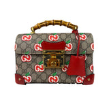 Gucci Red/Beige Leather GG Apple Print Padlock Bamboo Handbag