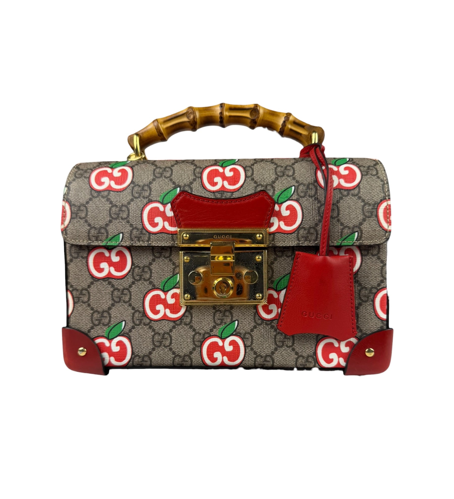 Gucci Red/Beige Leather GG Apple Print Padlock Bamboo Handbag