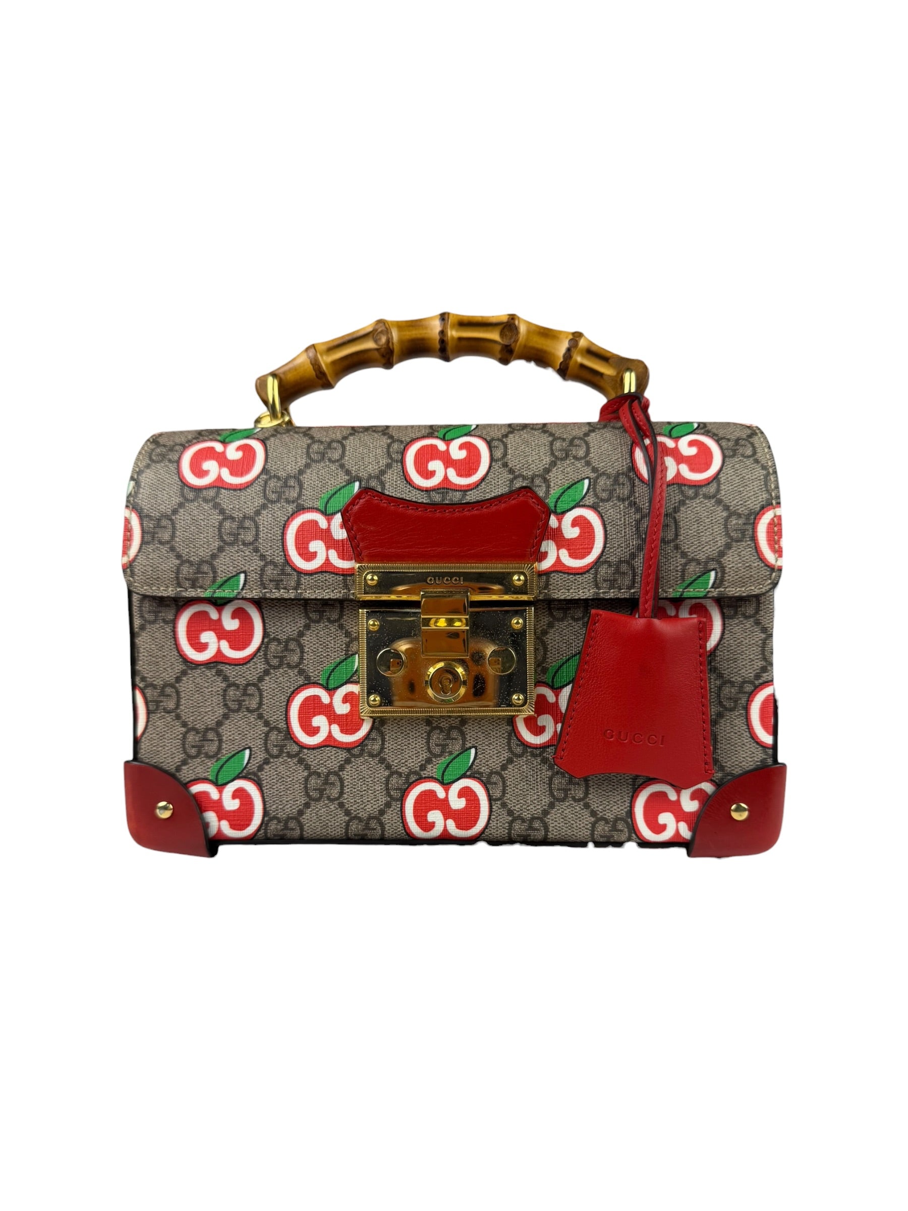Gucci Red/Beige Leather GG Apple Print Padlock Bamboo Handbag