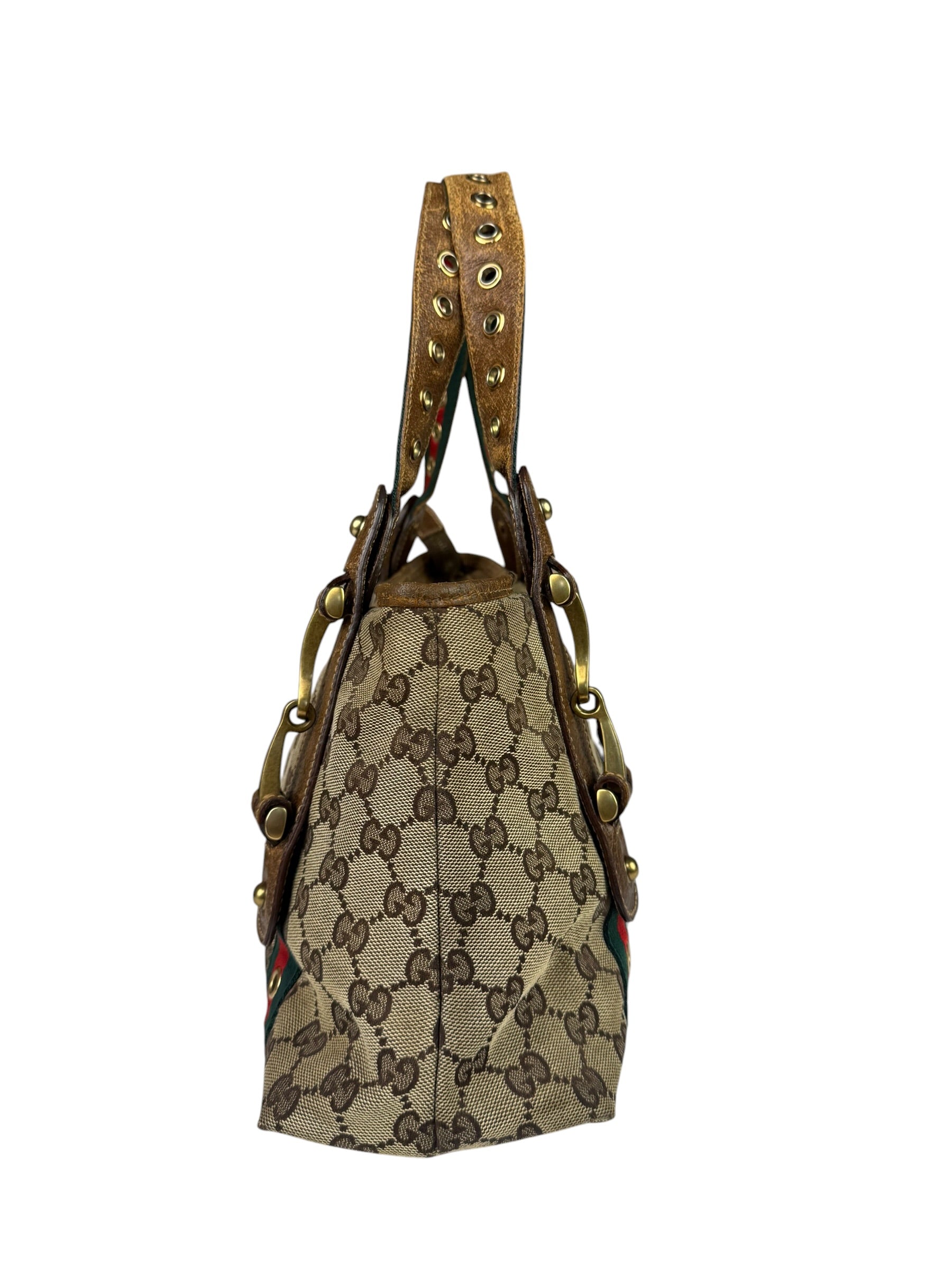 Gucci Vintage Brown Leather Trim Grommet Web Shoulder Bag