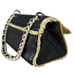 Chanel Black Leather Raffia Fringe CC Flap Shoulder Bag 2009