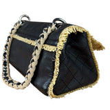 Chanel Black Leather Raffia Fringe CC Flap Shoulder Bag 2009