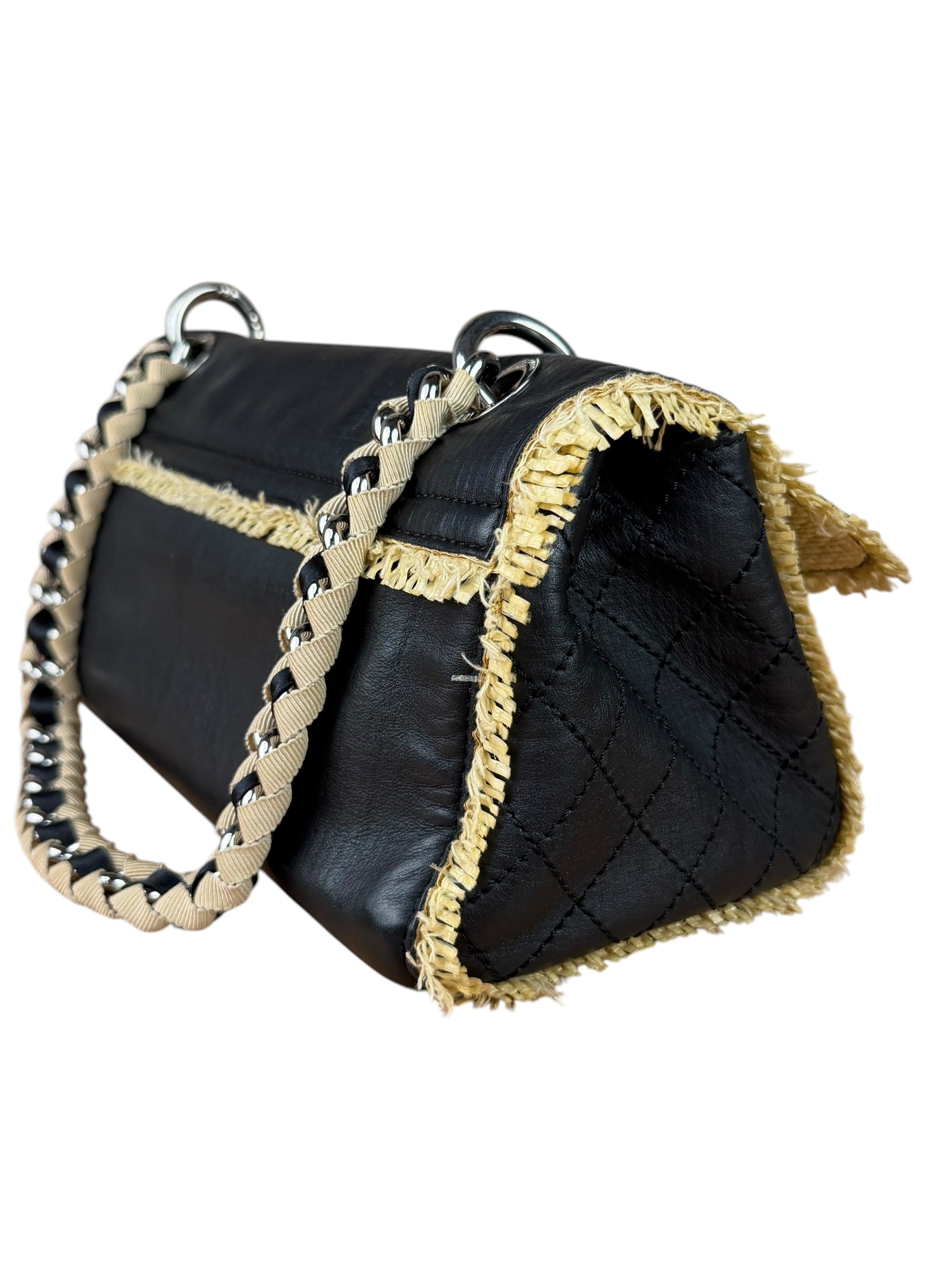 Chanel Black Leather Raffia Fringe CC Flap Shoulder Bag 2009