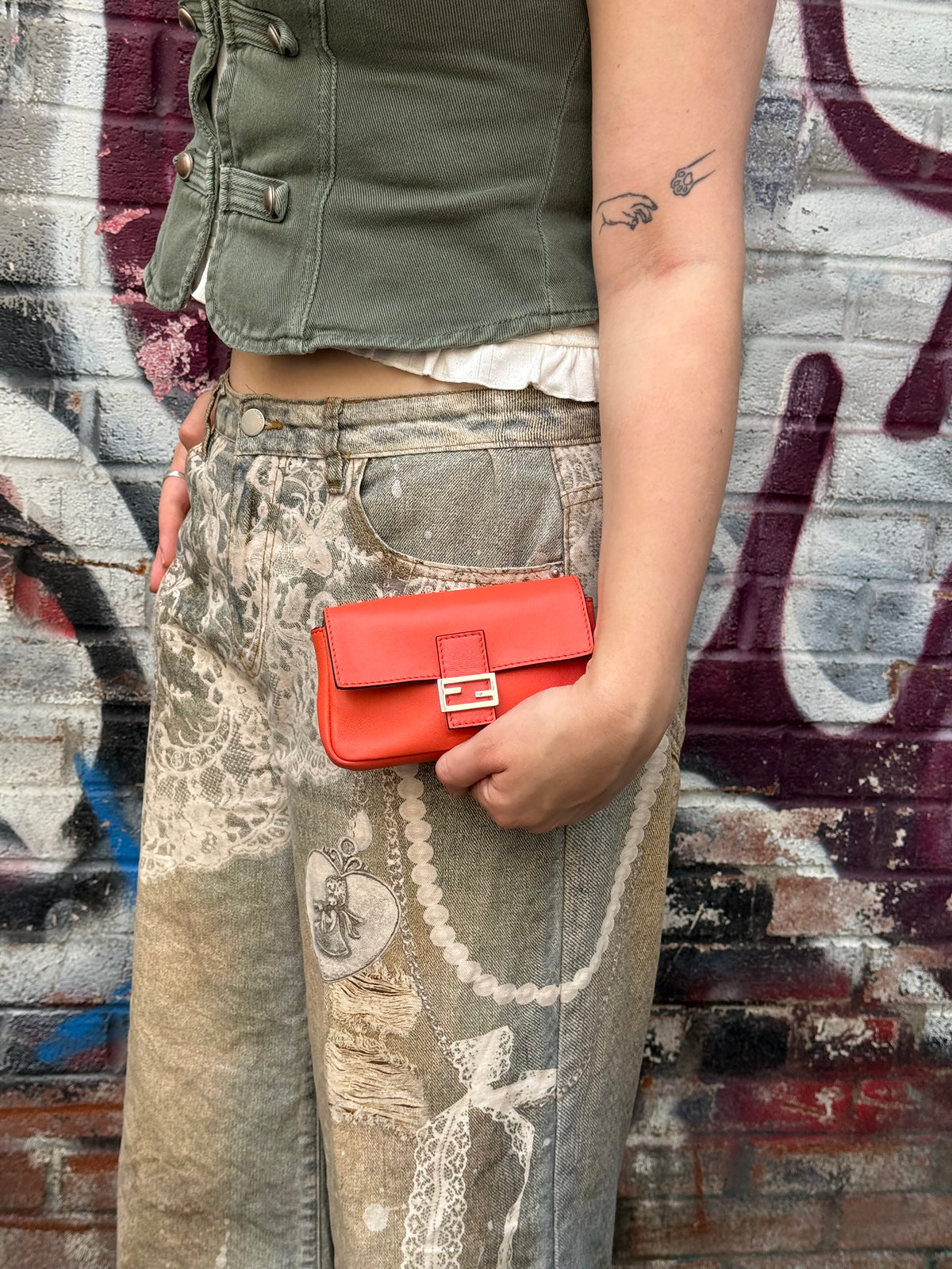 Fendi Orange Leather Mini Chain Baguette