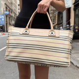 Burberry Multi-Color Leather Trim Striped Canvas Tote Bag