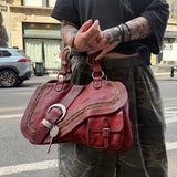Christian Dior Burgundy Leather Gaucho Saddle Large Shoulder Bag