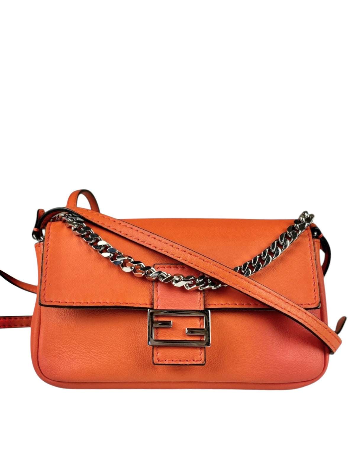 Fendi Orange Leather Mini Chain Baguette