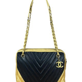 Chanel V Stitch Chevron Leather Black/Gold Chain Shoulder Bag 2014