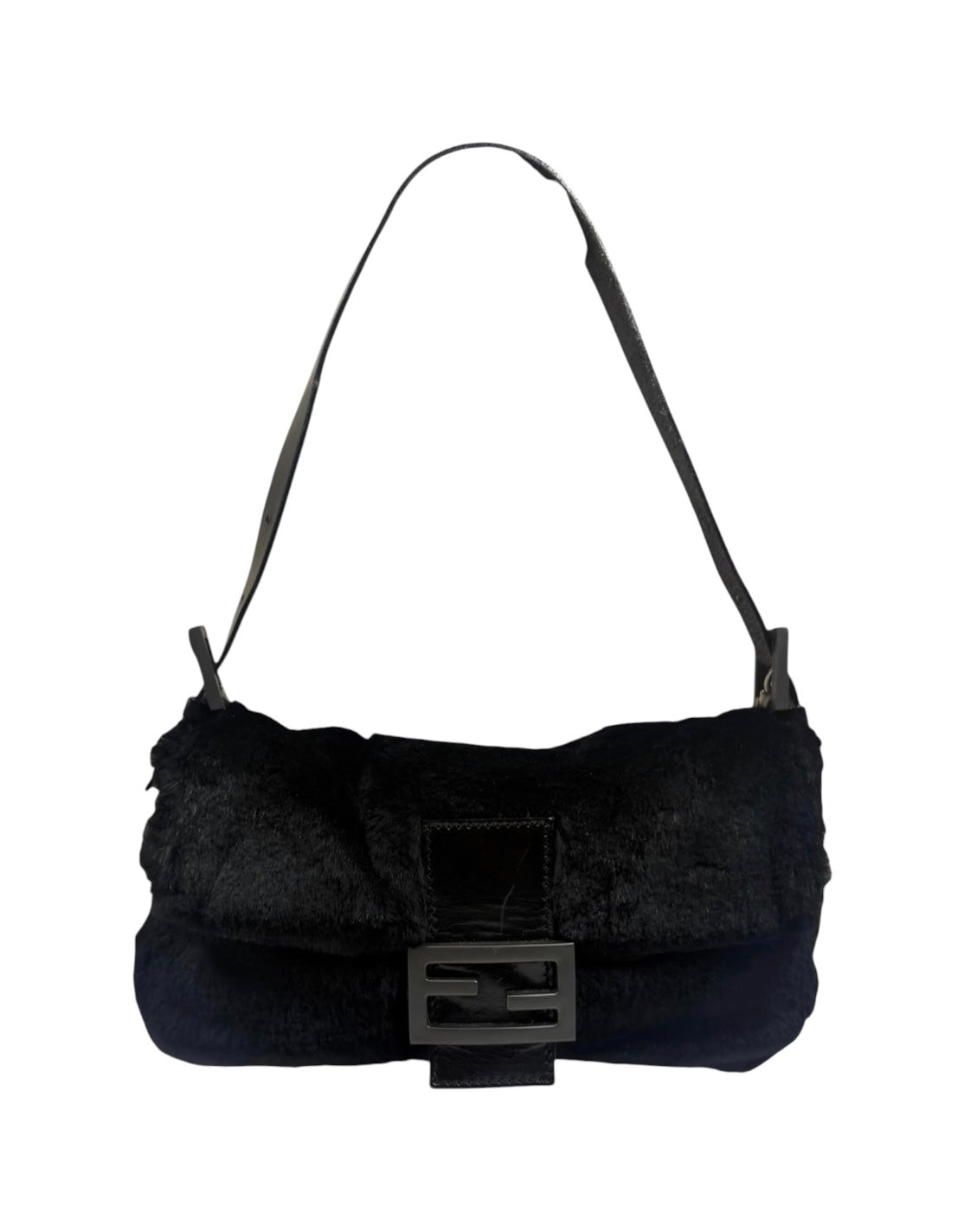Fendi Black Shearling/Leather Trim Baguette