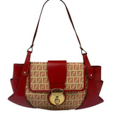Fendi Red Leather Trim Zucca Compliation Shoulder Bag
