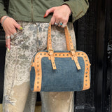 Fendi Blue/Brown Denim/Leather Trim Studded Shoulder Bag