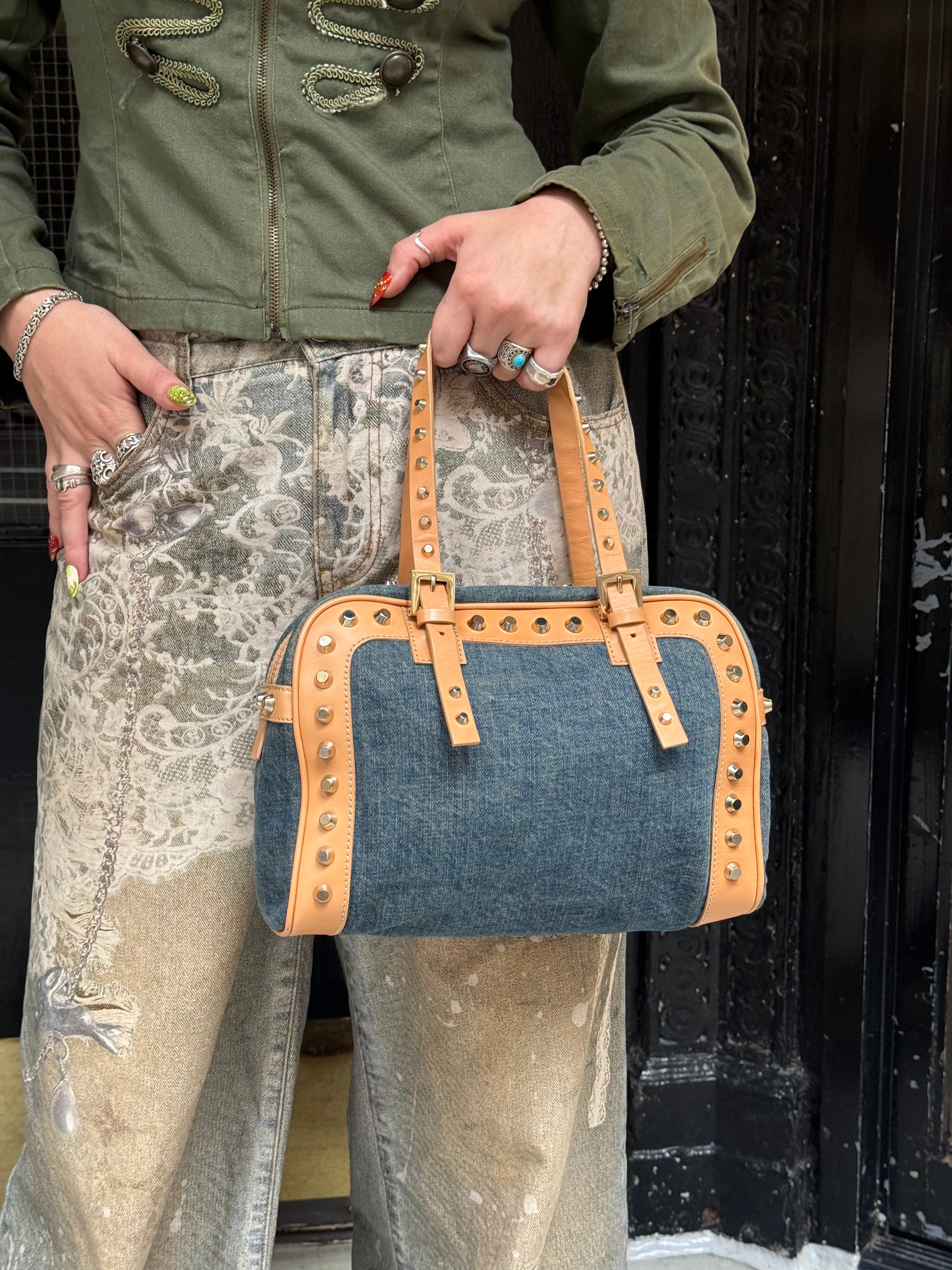 Fendi Blue/Brown Denim/Leather Trim Studded Shoulder Bag