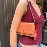 Chanel Peach Orange Patent Leather Flap Wallet on Chain Bag