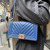 Chanel Blue Chevron Caviar Medium Boy Bag 2019