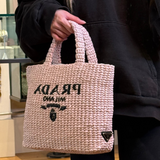 Prada Pink Raffia Woven Crochet Logo Tote Bag