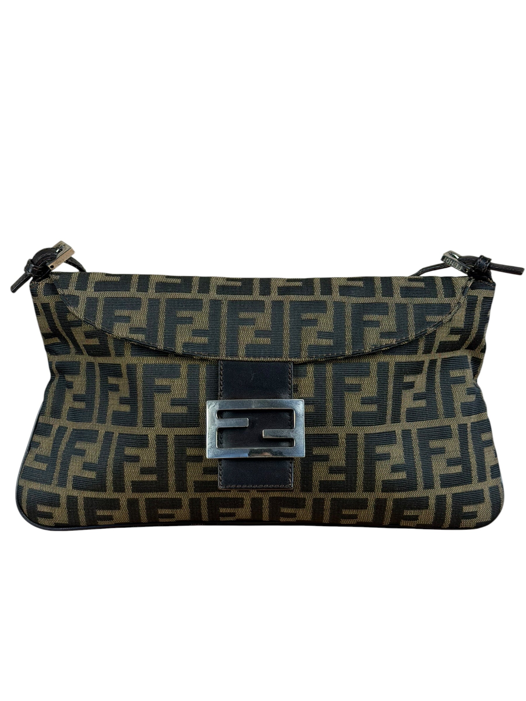 Fendi Brown Leather Trim Zucca FF Monogram Baguette