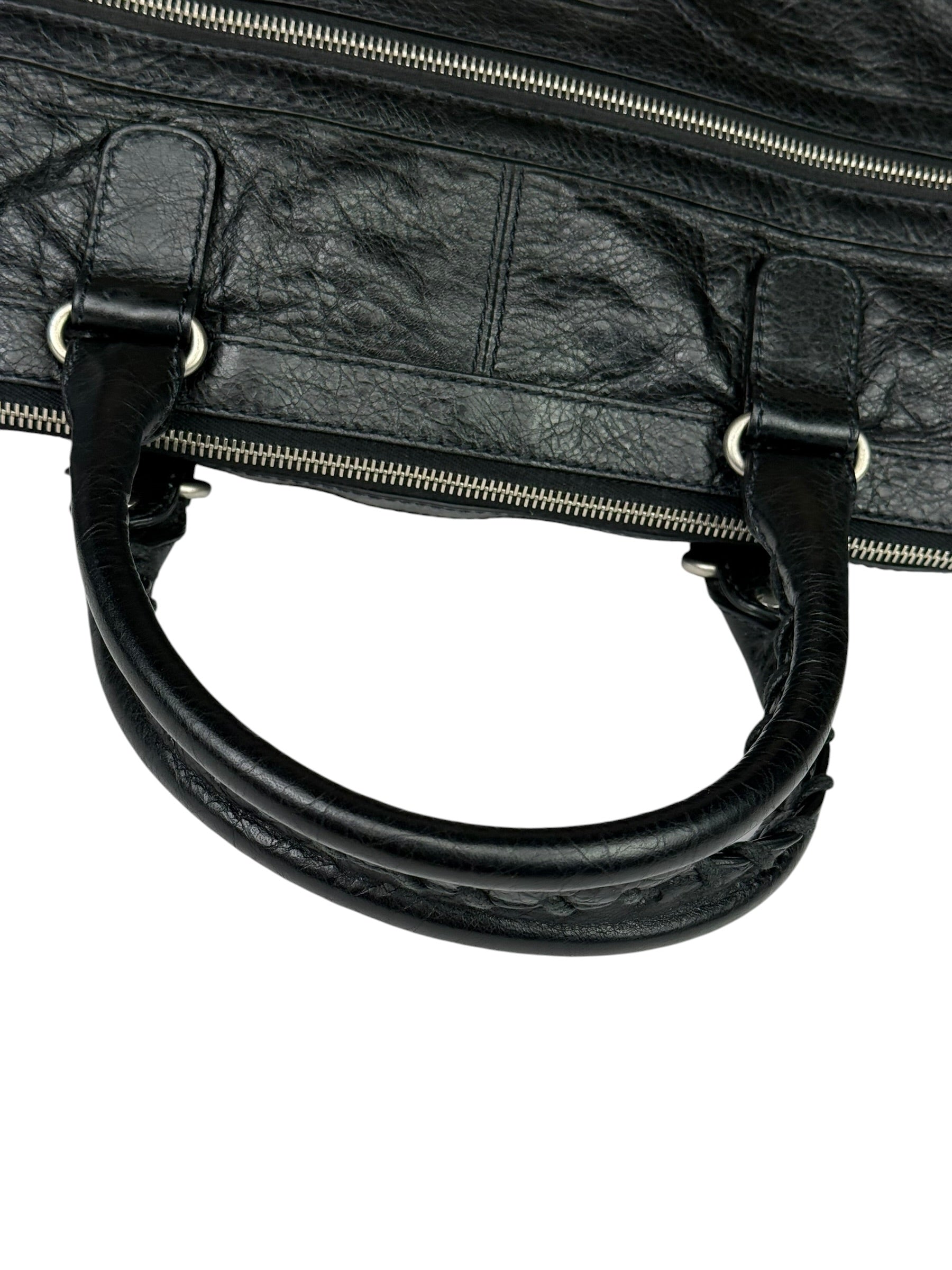 Balenciaga Black Leather Moto Bridge Zip Overnight Tote