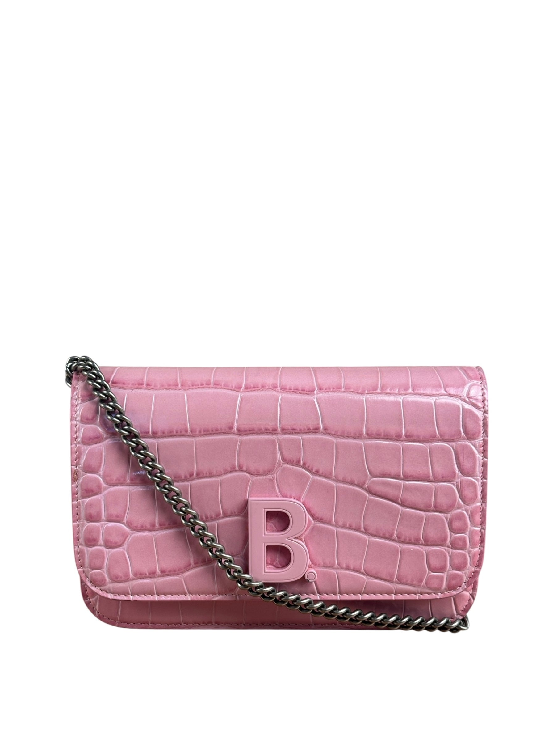 Balenciaga Pink Croc-Embossed Leather Chain B Wallet